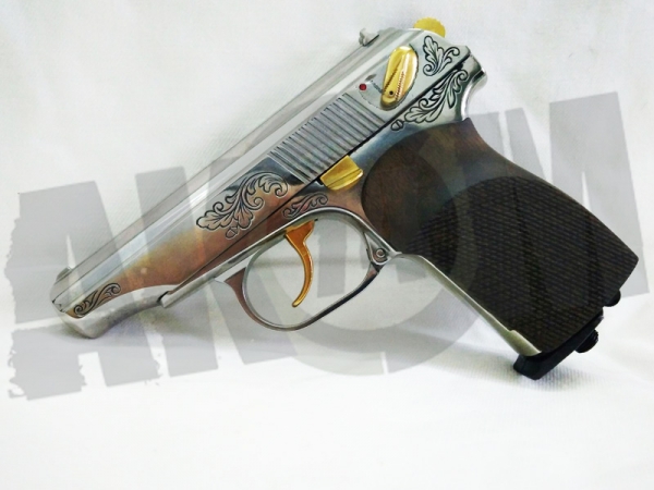 Пистолет пневматический МР-654К ПОДАРОЧНЫЙ вариант белый гравировка, рукоятка орех, кал. 4,5 мм